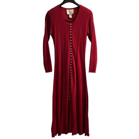 Vintage California Gold Rush Dress M Red Aline Pearl Button Maxi French Country - Picture 1 of 9